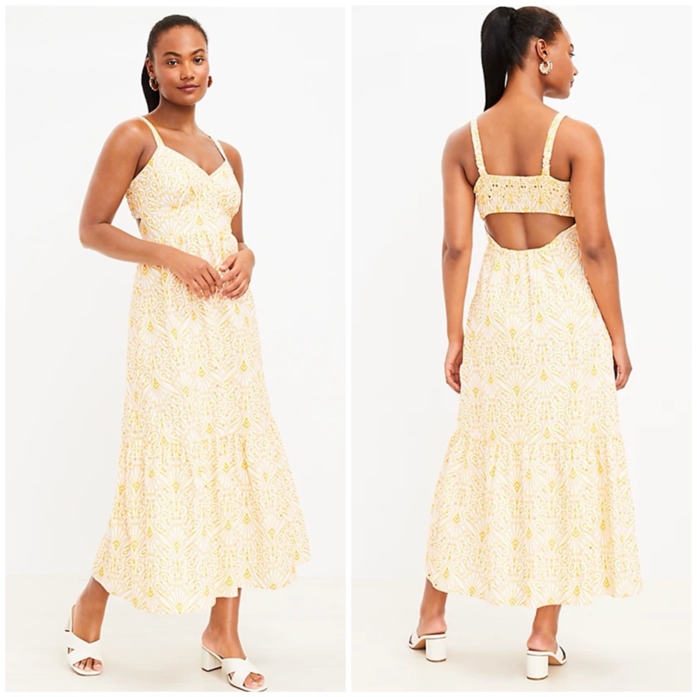 NWT Loft‎ Eyelet Open Back Maxi Dress Yellow/White Size 14 Petite